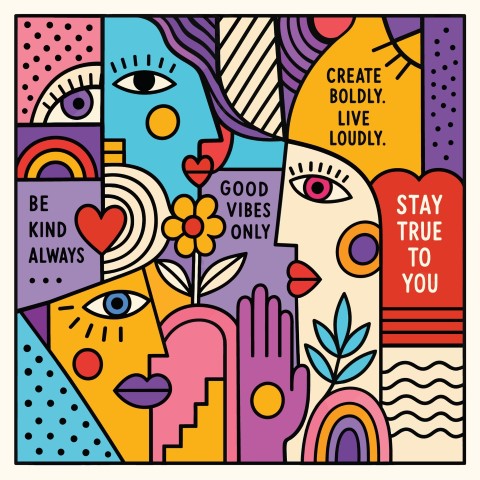 Colorful abstract faces with positive affirmations and geometric shapes.