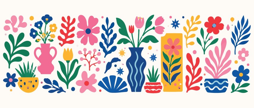 Modern decorative botanical collection with colorful flowers and houseplants.