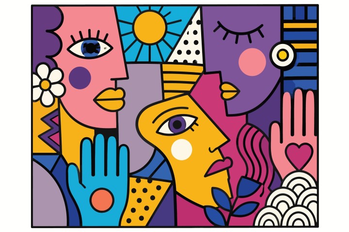 Abstract faces with colorful geometric elements and sun motifs.