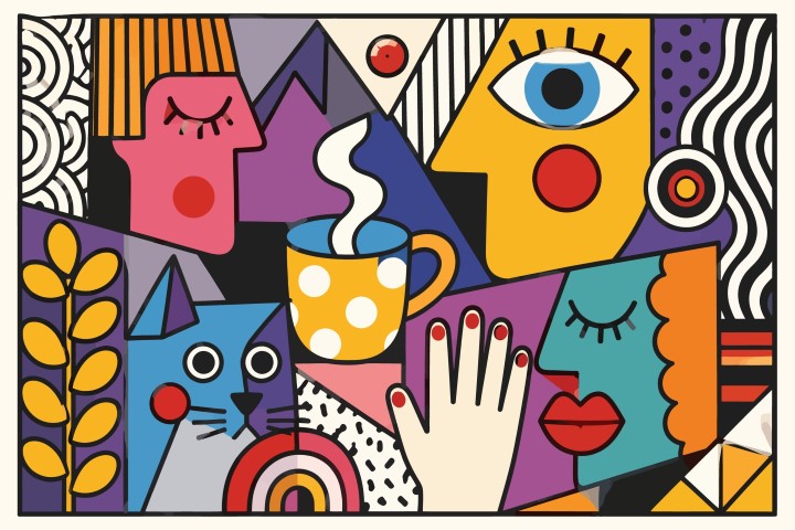 Abstract scene with stylized faces, coffee cup, and cat.