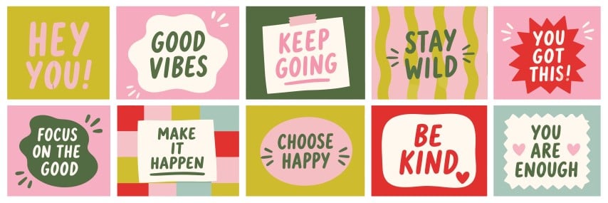 Set of ten motivational quote cards with colorful abstract backgrounds.