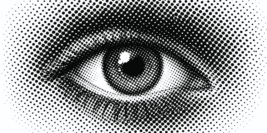 Abstract human eye macro view with halftone pattern.