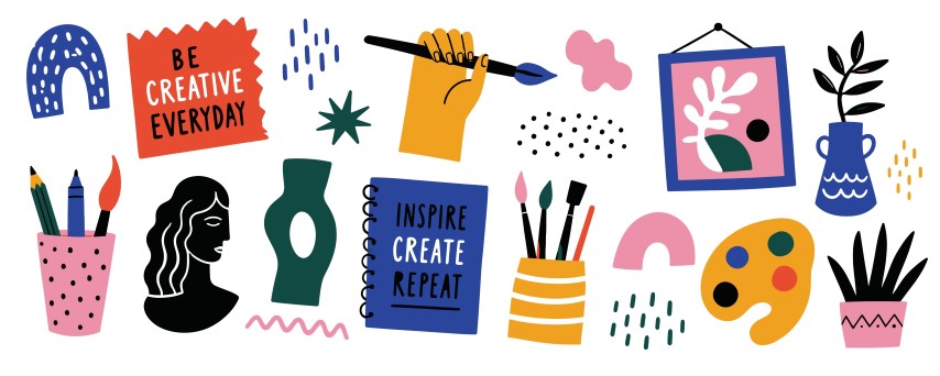 Creative artistic tools and studio inspiration set.