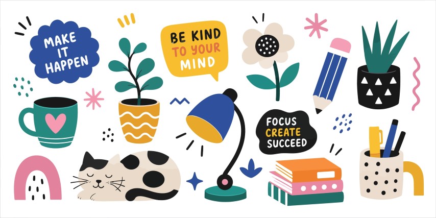 Workplace office productivity and creative motivation icons set.