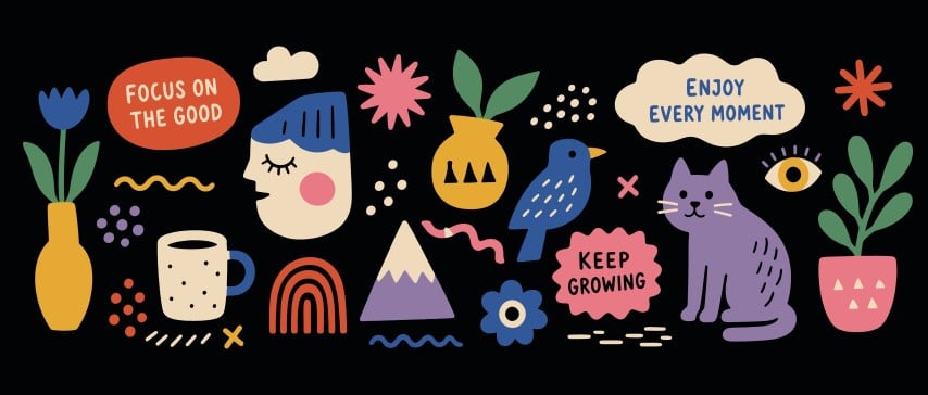 Cozy home lifestyle and positive mindset doodle icons.