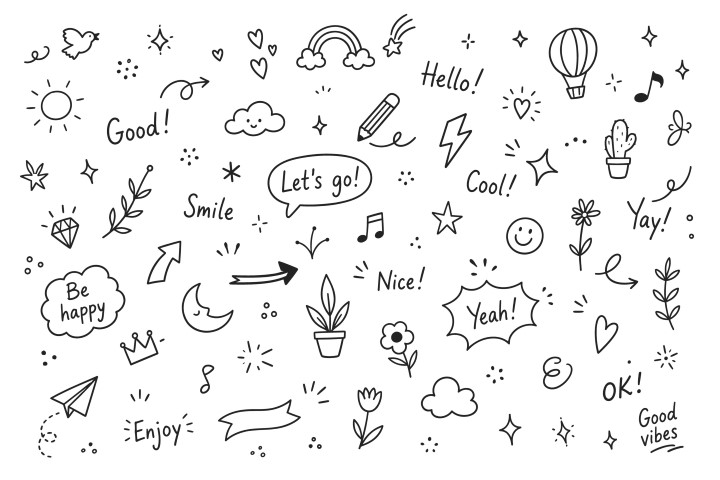 Hand drawn doodle elements set for creative projects.