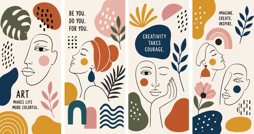Set of modern abstract posters with stylized faces and organic shapes.