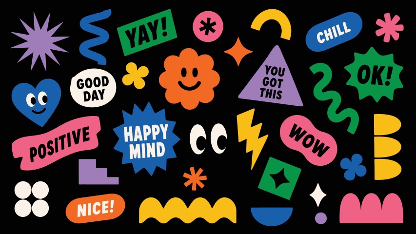 Set of colorful retro stickers with positive messages and shapes.