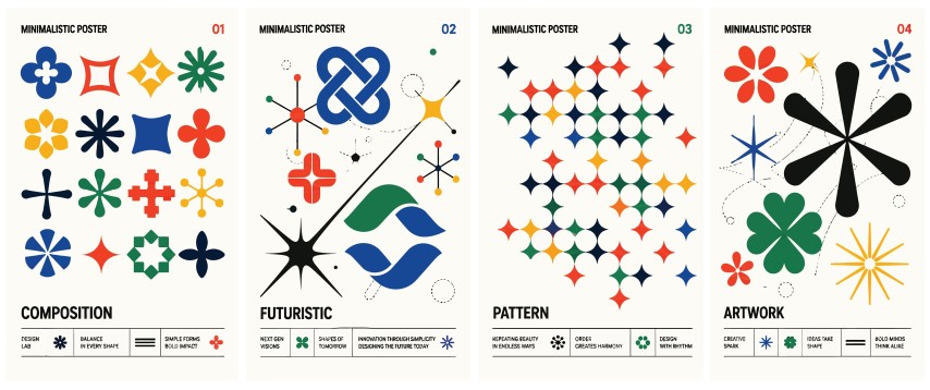 Minimalist graphic poster set with geometric abstract symbols.