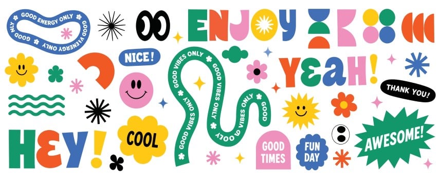Collection of playful retro stickers with positive phrases.
