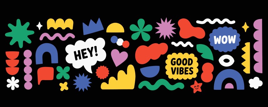 Assorted abstract shapes and positive word bubbles.