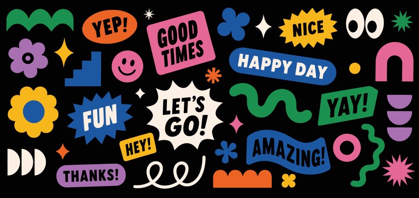 Assorted colorful stickers with positive themes and shapes.