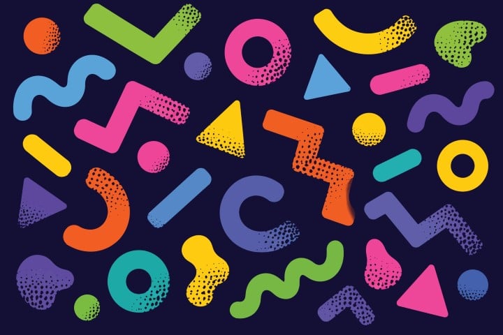 Dynamic pattern with colorful geometric shapes and texture.