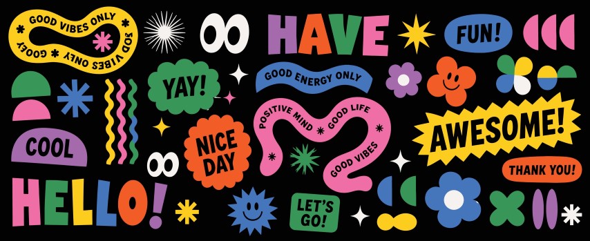 Retro style sticker set with motivational words and icons.