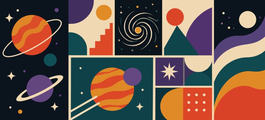 Abstract space composition with colorful geometric planets and stars.