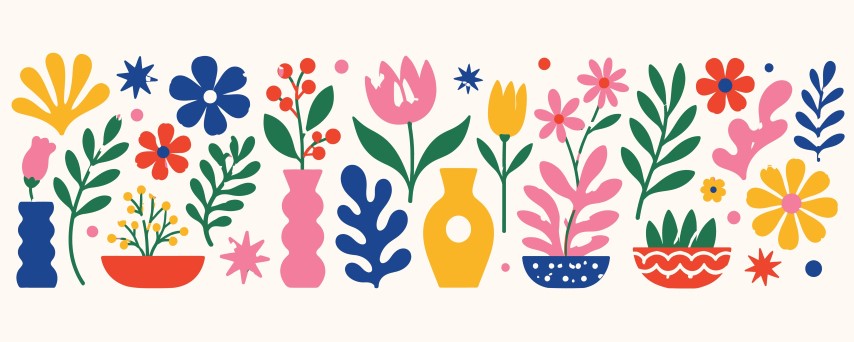 Colorful floral arrangement collection with plants in vases.