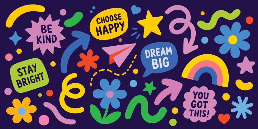 Colorful doodle elements and motivating phrases set.