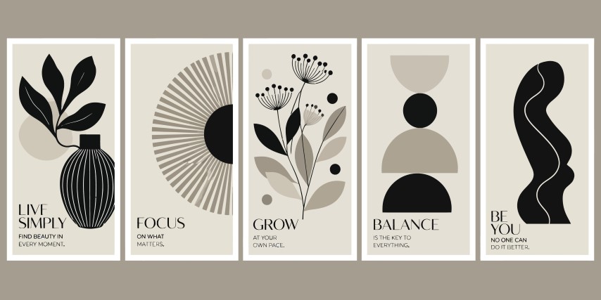 Set of five wellness and motivational abstract art prints.