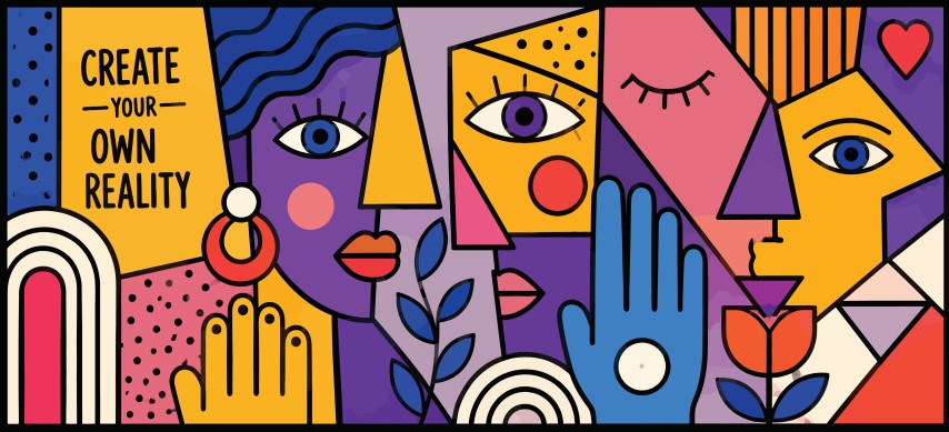 Abstract faces composition with quote on creativity and reality.