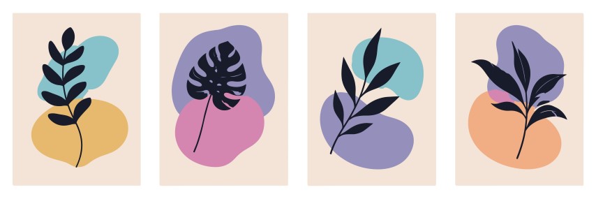 Set of four minimalist posters with botanical elements.