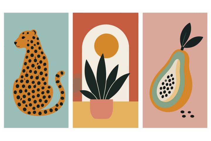 Minimalist art set with jungle and fruit themes.