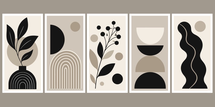 Minimalist abstract wall art set with botanical shapes.