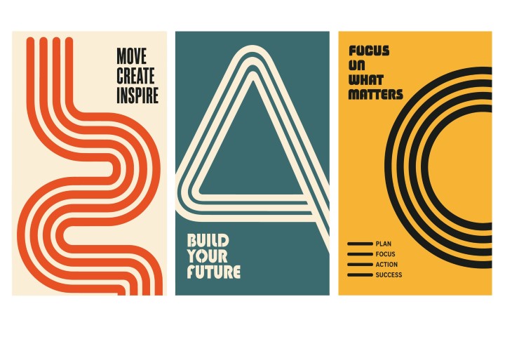Modern abstract posters with minimalist geometric lines and motivational quotes.
