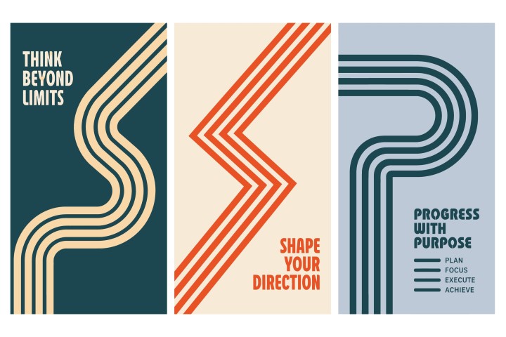 Minimalist graphic posters with abstract line paths and purposeful quotes.