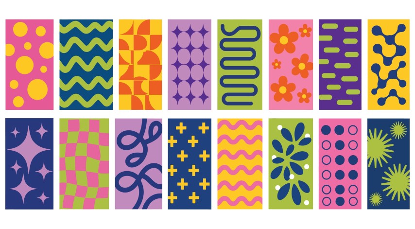 Colorful collection of various geometric pattern tiles.