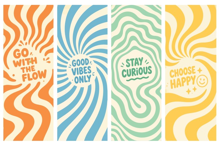 Retro style groovy wavy patterns with positive quotes.