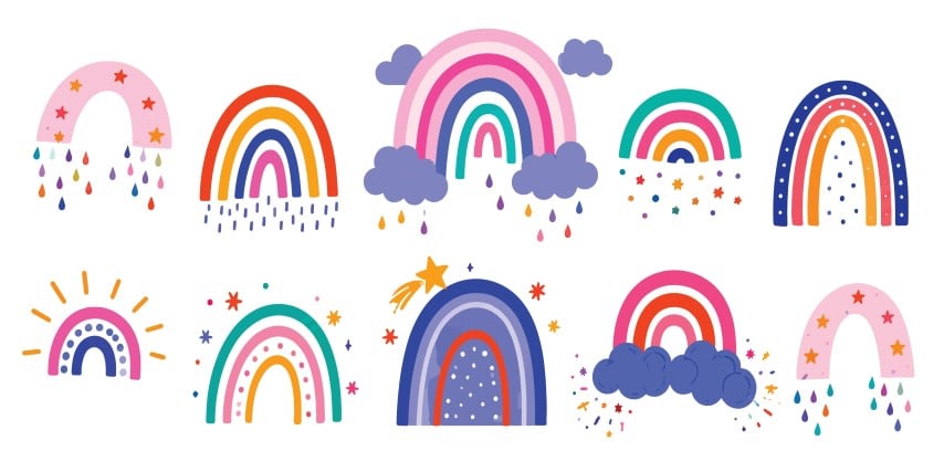Collection of colorful decorative rainbow arches with stars, clouds, and raindrops in a playful style.