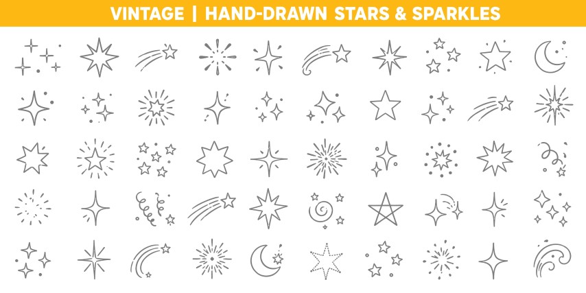 Vintage hand drawn stars and sparkles icon web vector collection.