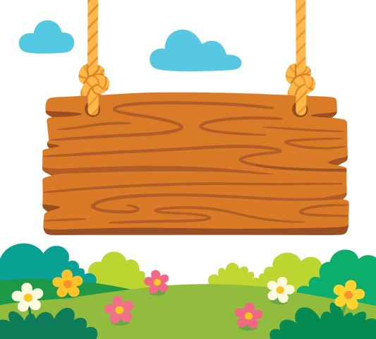 Blank wooden sign hanging on ropes in beautiful spring green field with blooming flowers.