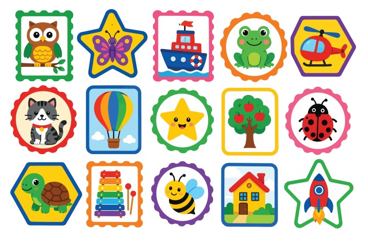 Fun kids stamp collection with bright geometric borders.