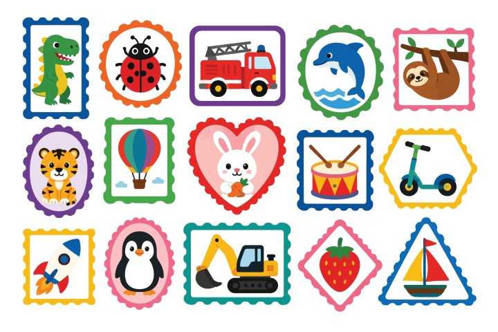 Assorted cute children postal stamp set with animals and objects.