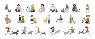 Set of happy pet owners with cats and dogs.