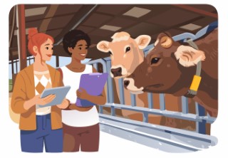 Group of workers and a robot supervise cows in a modern farm.