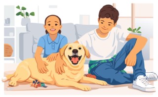 Happy family with children and a dog sitting together on the floor in a cozy living room.