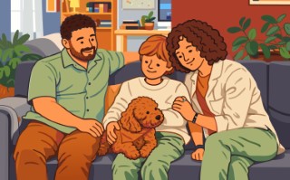 Family gathering indoors with children and a pet dog sharing a warm and joyful moment.