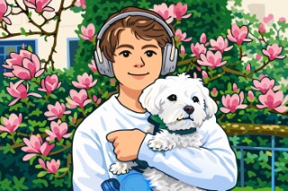 Happy young person holding a small white dog outdoors in a lush green garden setting.