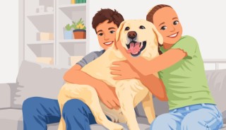 Cheerful family members hugging their large golden retriever dog while sitting on a sofa.