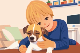 A young boy smiling warmly while hugging his small brown and white puppy at home.