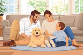 A family sitting on a rug in the living room playing with their golden retriever puppy.