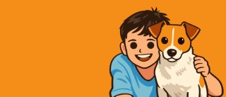 Two children looking out of a window with their pet dog on a bright orange background.