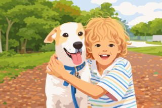 A happy boy running through a green field with his white and brown dog.
