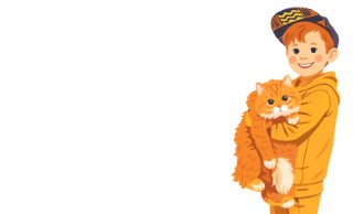 A young child in a bright orange hoodie standing with a small pet cat