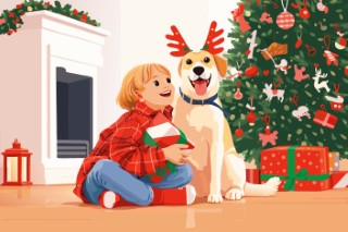 A child and a large dog wearing reindeer antlers sitting in front of a Christmas tree.