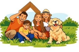 A family of four building a wooden birdhouse together in their backyard.