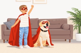 A boy dressed as a superhero standing next to his loyal dog in the living room.