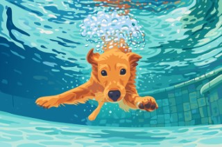 A golden retriever swimming underwater in a clear blue pool.